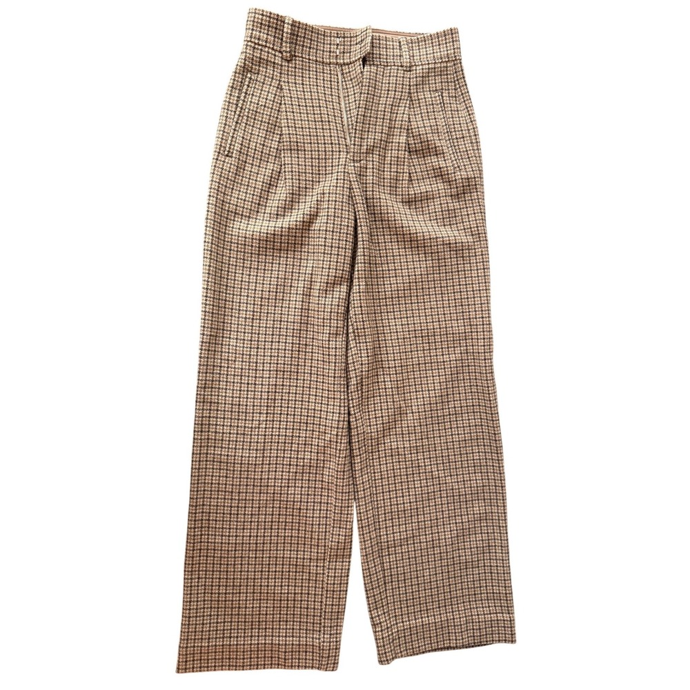 Everlane Houndstooth Pleated Wide Leg Trousers Pants Brown Tan Wool Blend 00